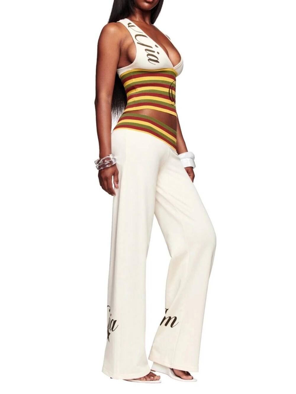 I.AM.GIA Candi Top & Pant Matching Knit Set Cream Striped - Top Small / Pants Me - Picture 2 of 11